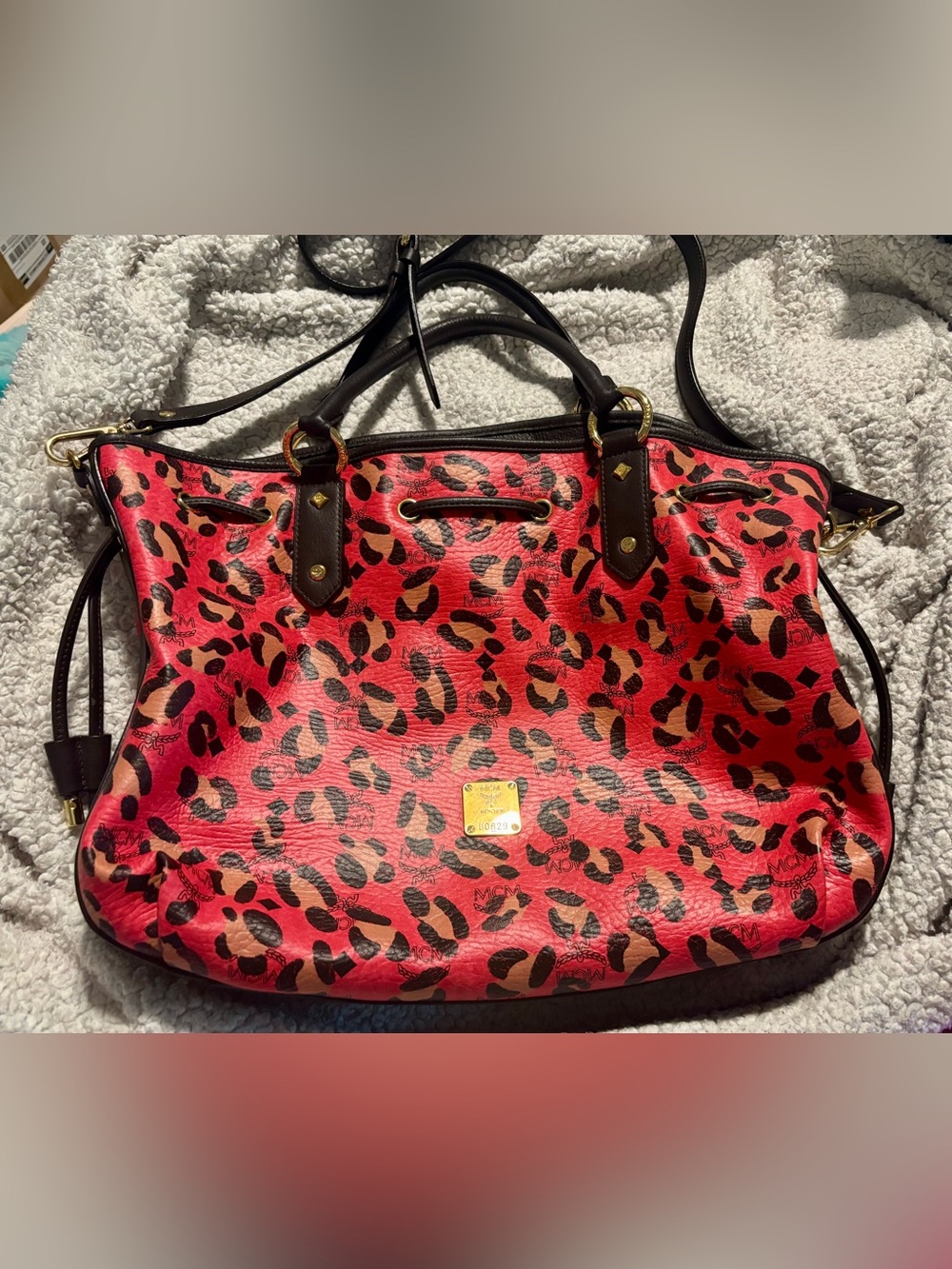 RARE MCM Pink Leopard Print Visetos Canvas & Black Leather 2-Way Bucket Bag